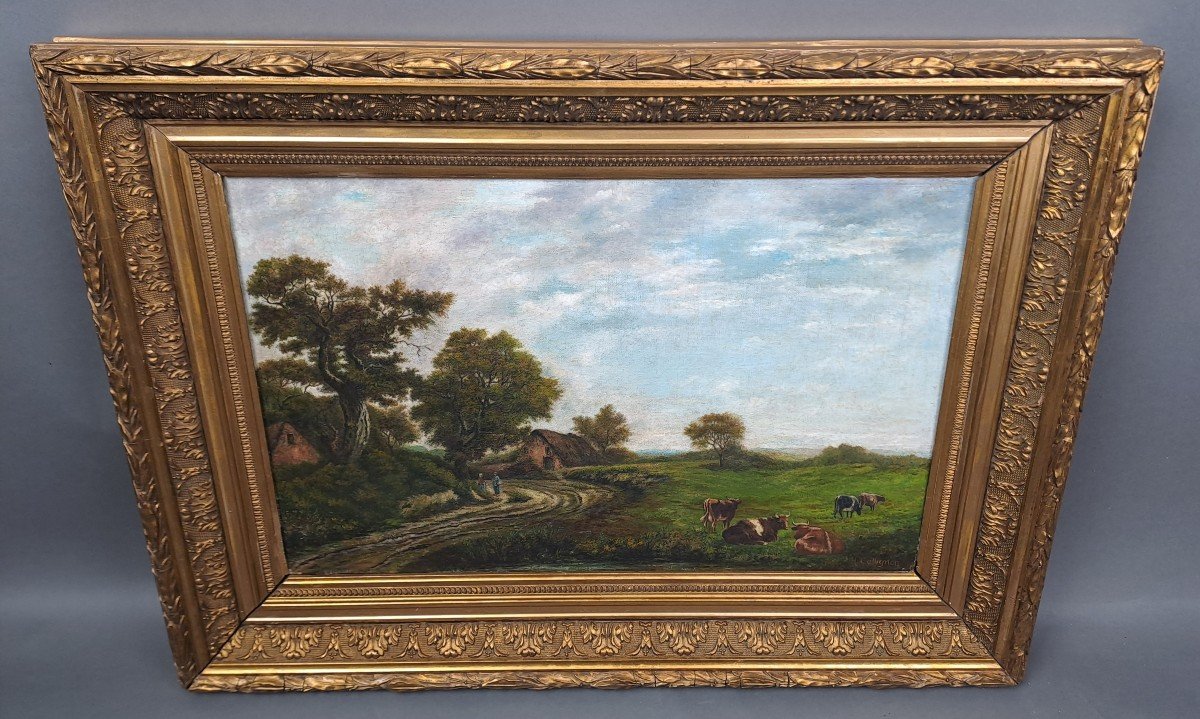 Animated Countryside Landscape - Oil On Canvas Signed Collignon-photo-2