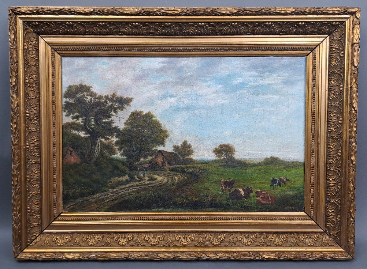 Animated Countryside Landscape - Oil On Canvas Signed Collignon