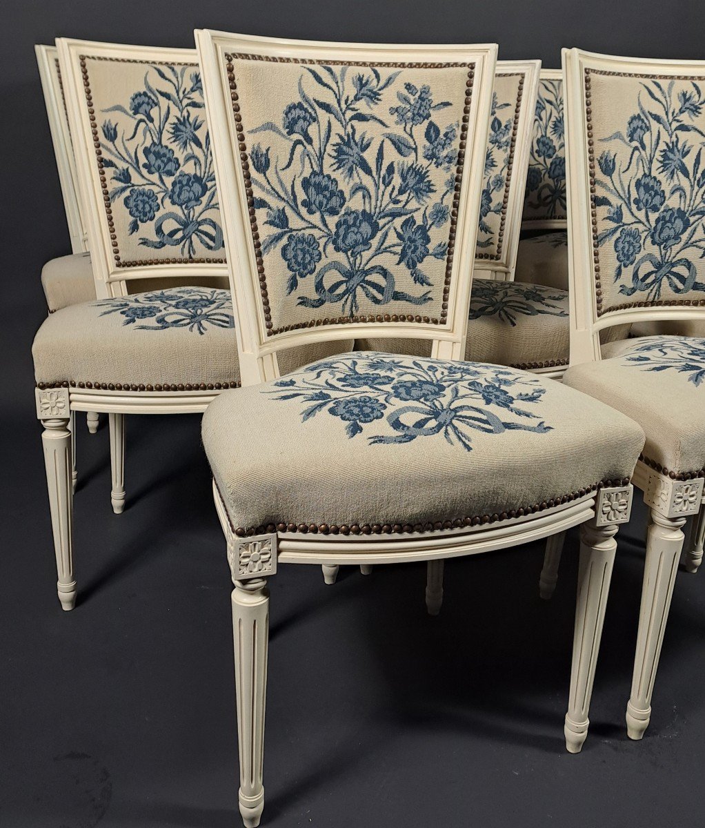 Suite De 8 Chaises De Style Louis XVI En Bois Laqué Et Tapisserie-photo-2