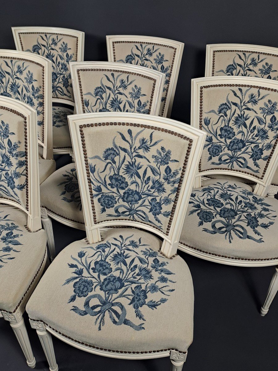 Set Of 8 Louis XVI Style Chairs In Lacquered Wood And Tapestry-photo-4