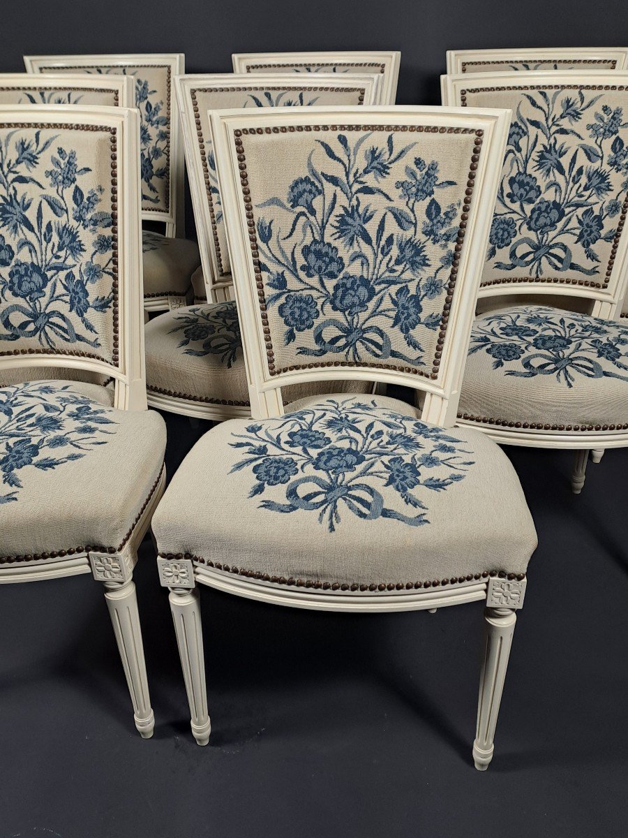 Set Of 8 Louis XVI Style Chairs In Lacquered Wood And Tapestry-photo-4