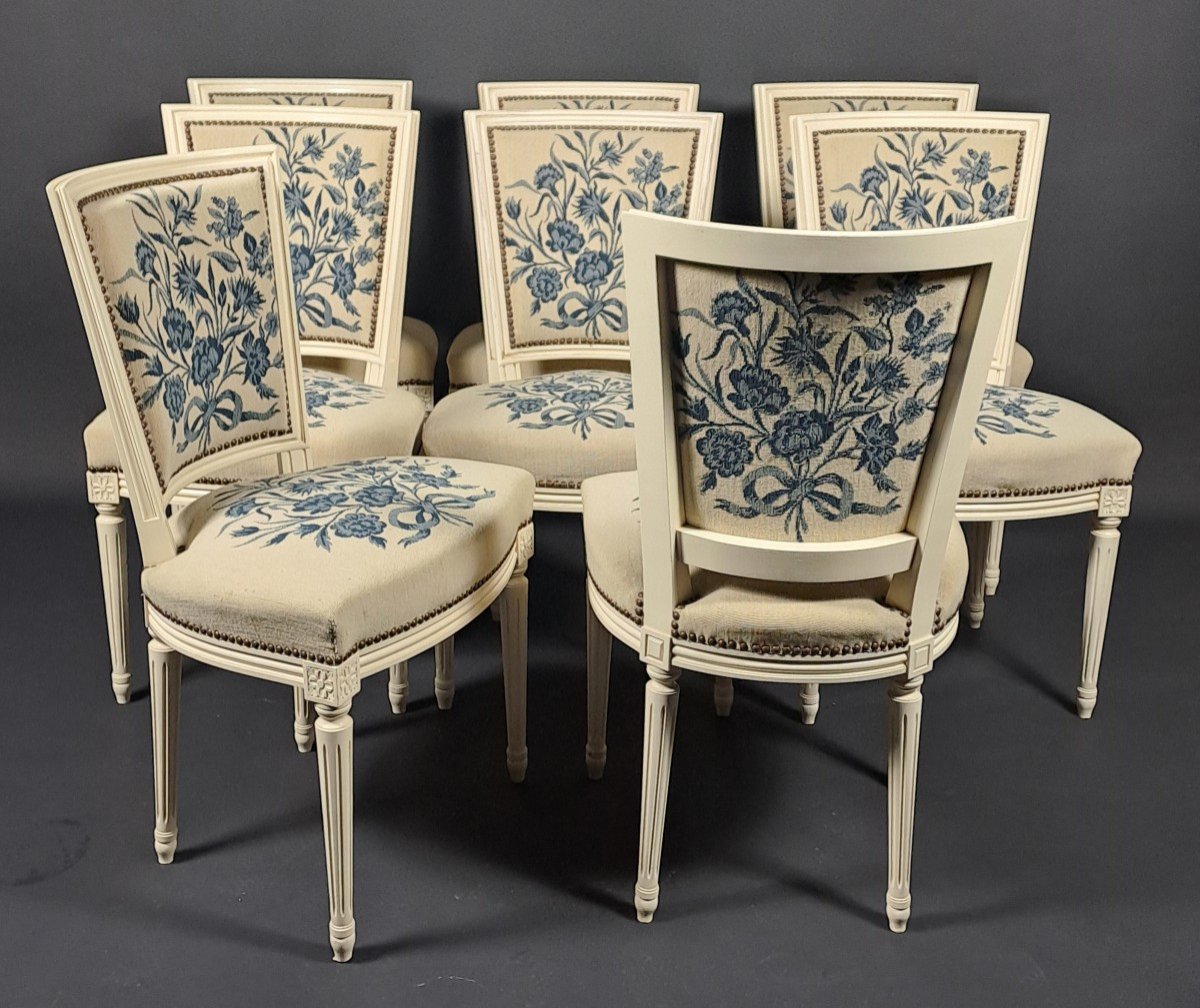 Suite De 8 Chaises De Style Louis XVI En Bois Laqué Et Tapisserie-photo-5