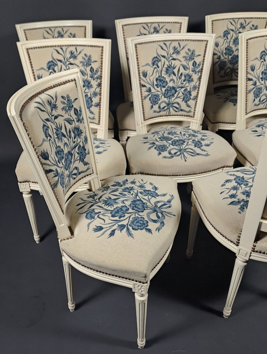 Suite De 8 Chaises De Style Louis XVI En Bois Laqué Et Tapisserie-photo-6