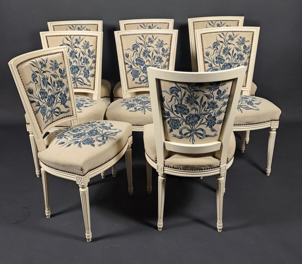 Suite De 8 Chaises De Style Louis XVI En Bois Laqué Et Tapisserie-photo-7