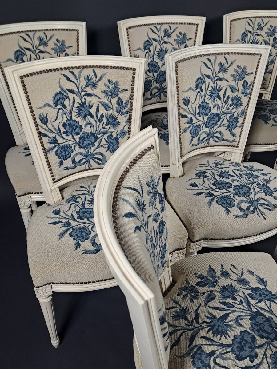 Suite De 8 Chaises De Style Louis XVI En Bois Laqué Et Tapisserie-photo-8