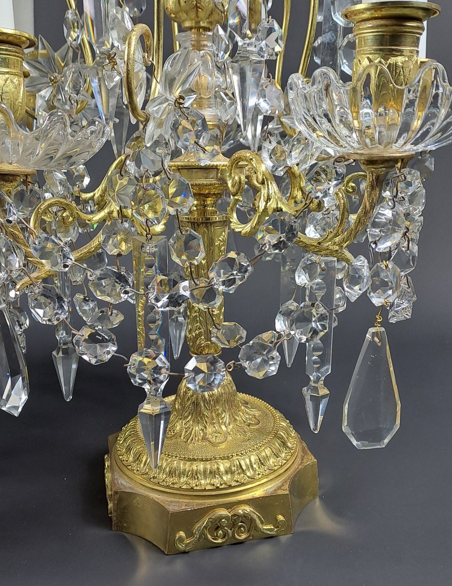 Large Pair Of Louis XVI Style Girandoles (82cm) In Gilt Bronze And Crystal-photo-2