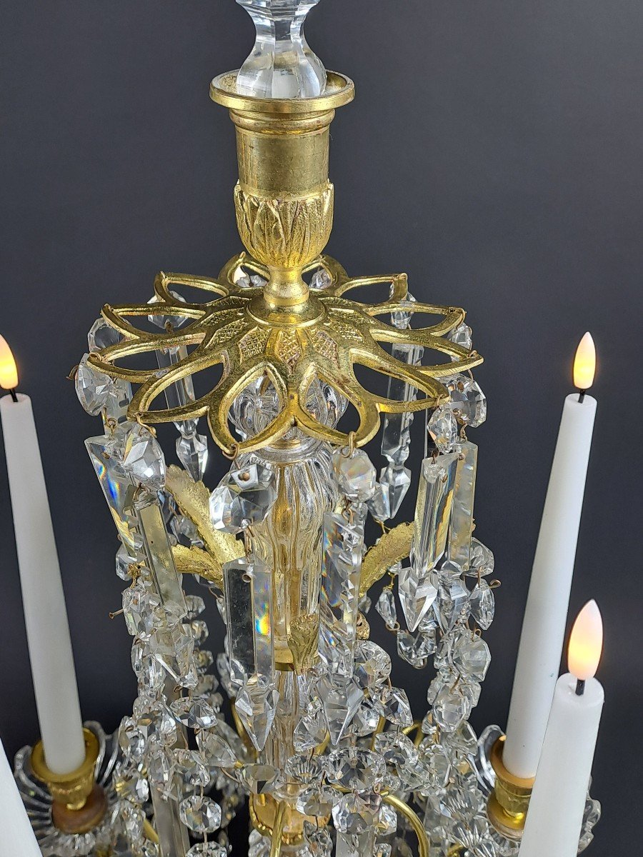 Large Pair Of Louis XVI Style Girandoles (82cm) In Gilt Bronze And Crystal-photo-3