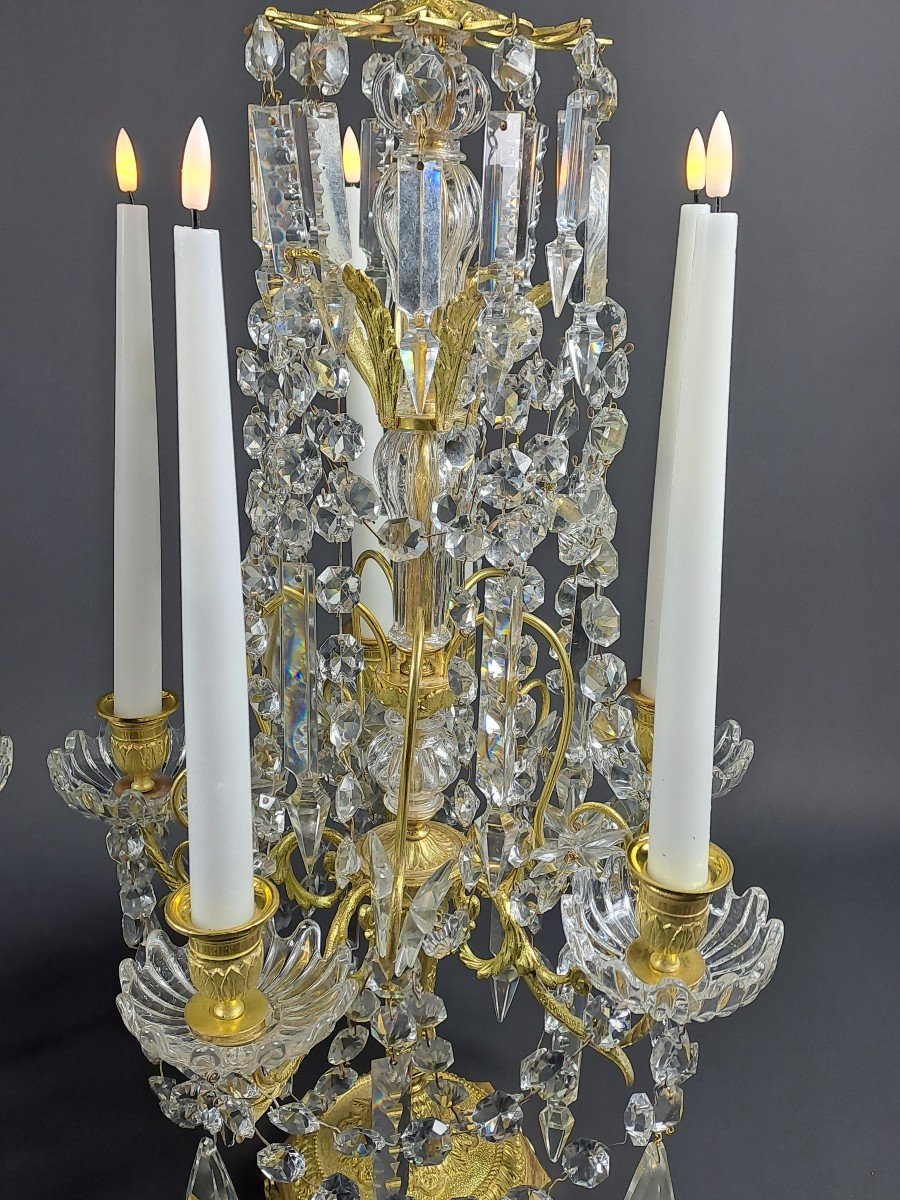 Large Pair Of Louis XVI Style Girandoles (82cm) In Gilt Bronze And Crystal-photo-4