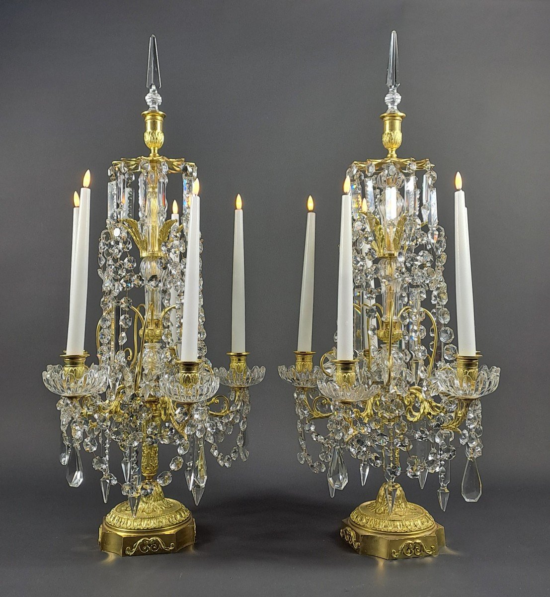 Large Pair Of Louis XVI Style Girandoles (82cm) In Gilt Bronze And Crystal-photo-1