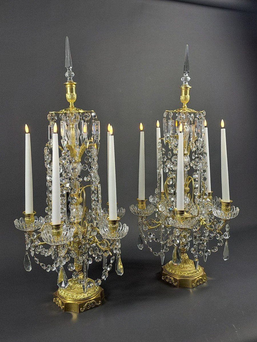 Large Pair Of Louis XVI Style Girandoles (82cm) In Gilt Bronze And Crystal-photo-2