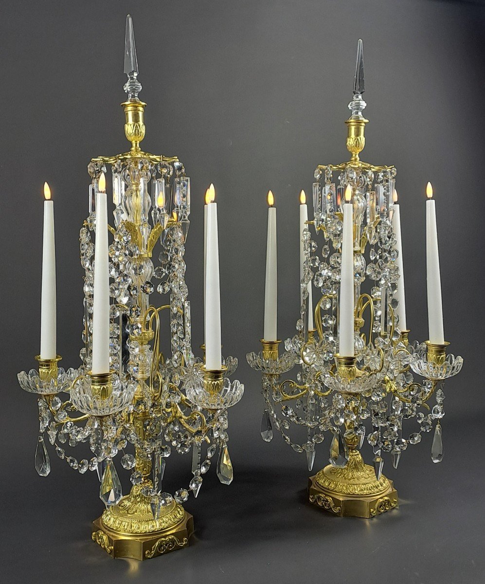 Large Pair Of Louis XVI Style Girandoles (82cm) In Gilt Bronze And Crystal-photo-3