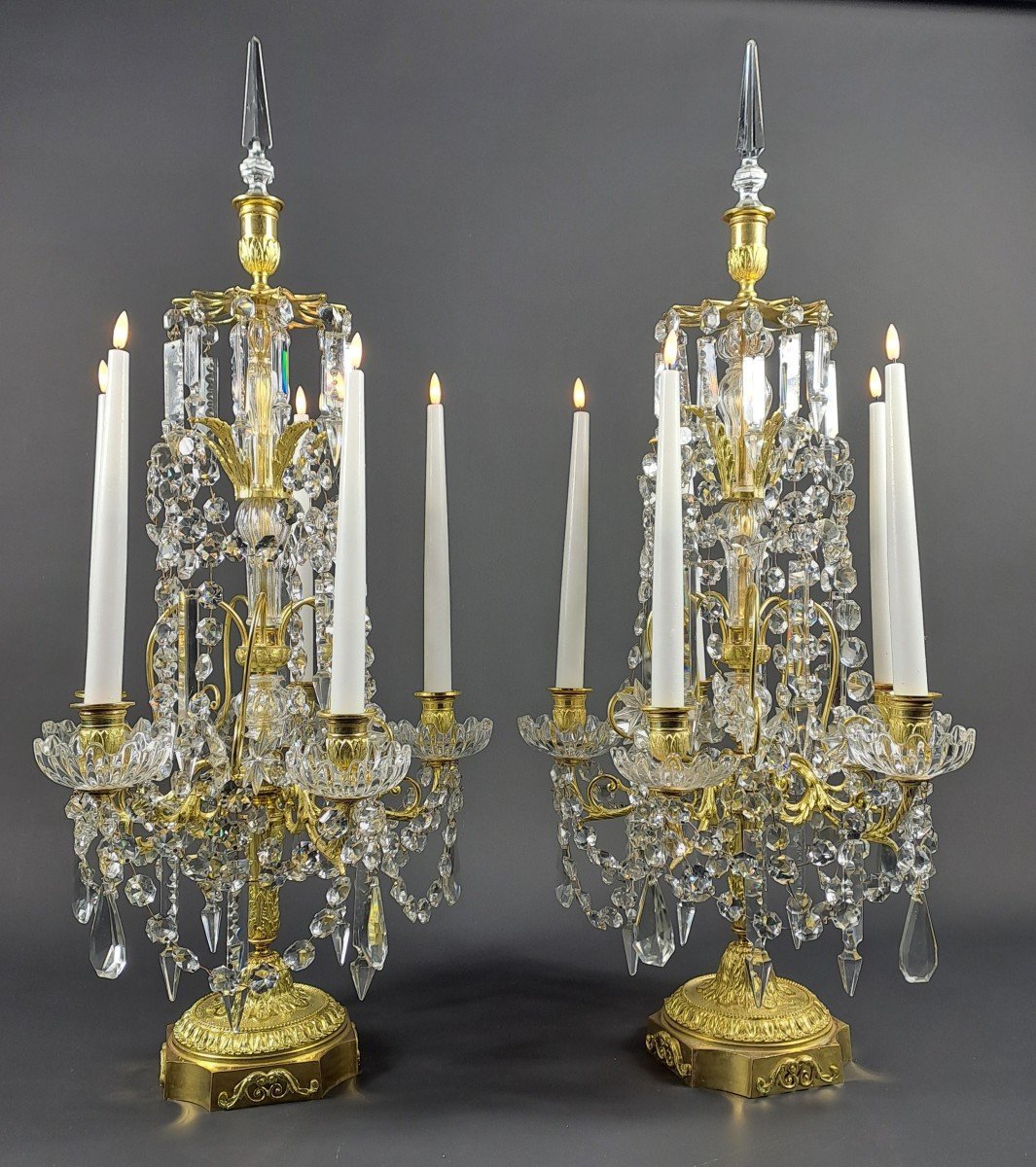 Large Pair Of Louis XVI Style Girandoles (82cm) In Gilt Bronze And Crystal