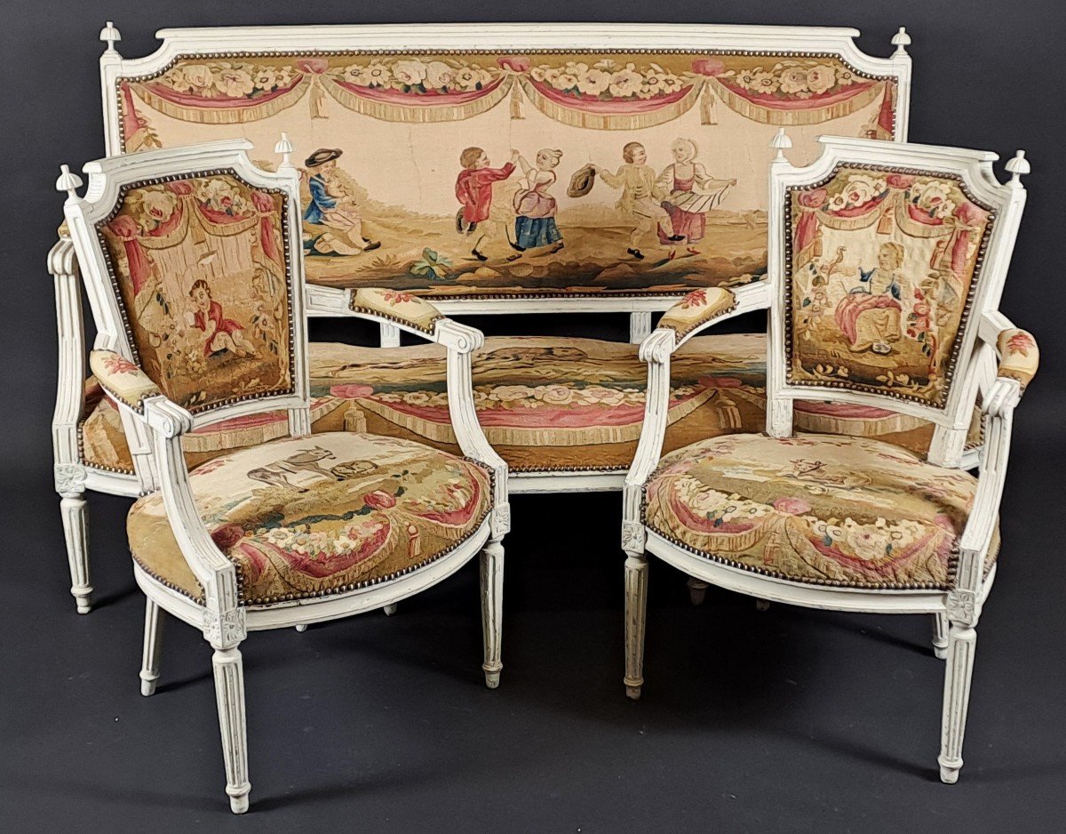 Salon Louis XVI En Bois Laqué Et Tapisserie d'Aubusson-photo-2