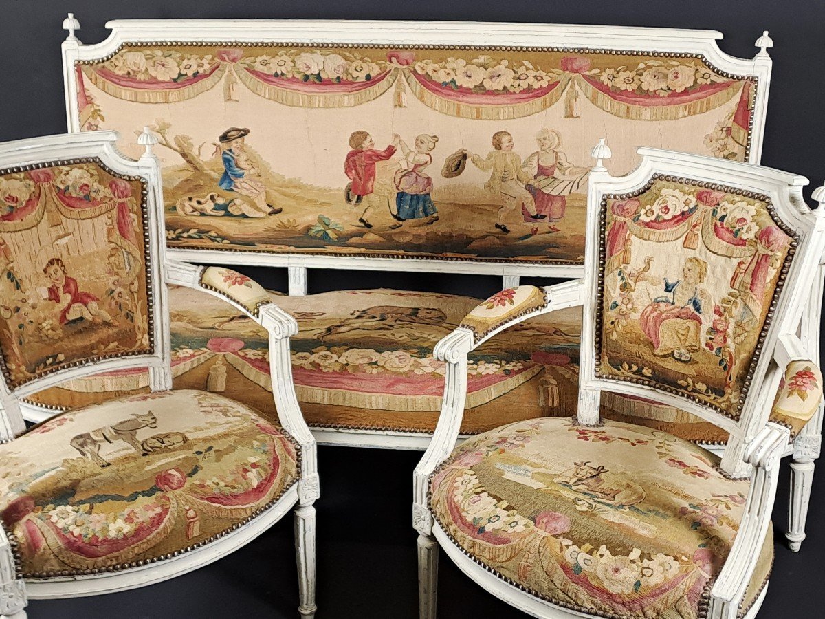 Salon Louis XVI En Bois Laqué Et Tapisserie d'Aubusson-photo-3