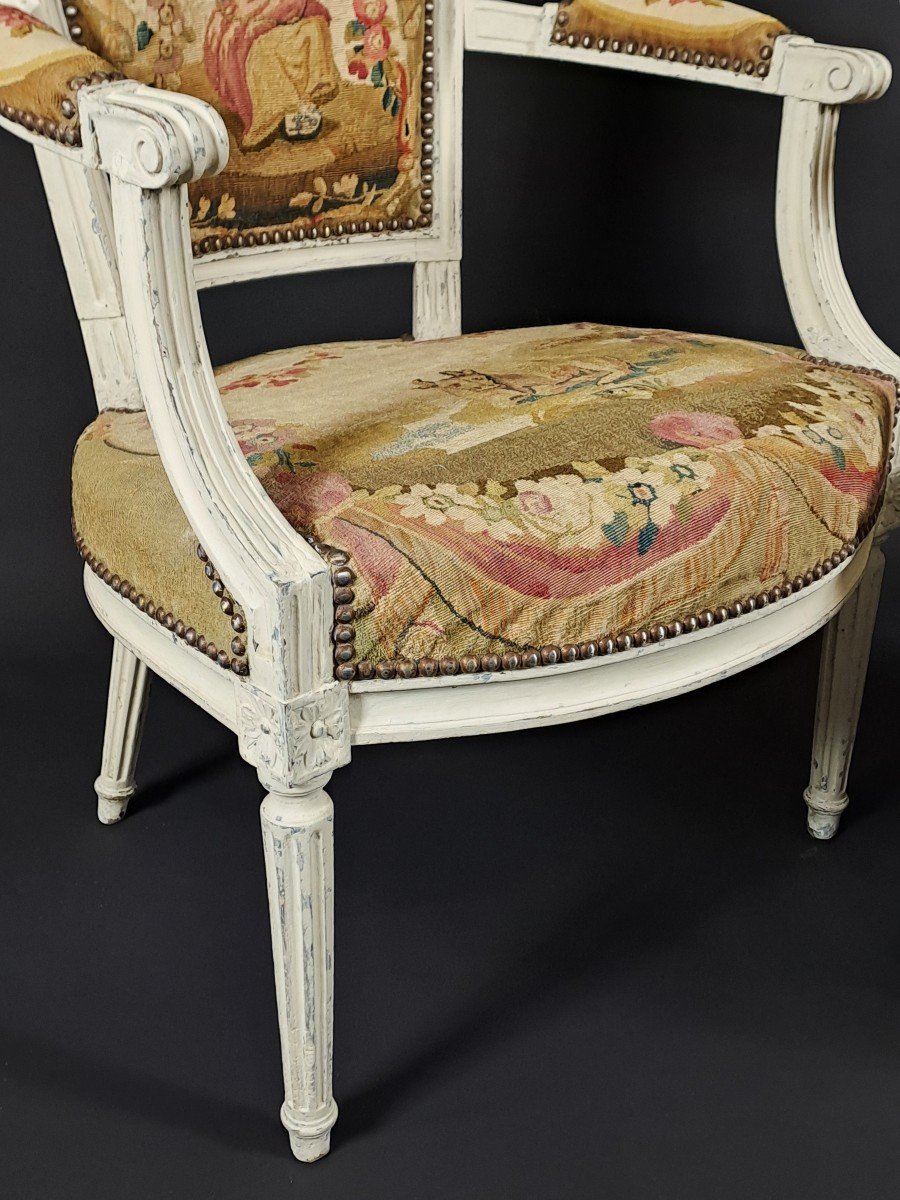 Salon Louis XVI En Bois Laqué Et Tapisserie d'Aubusson-photo-2