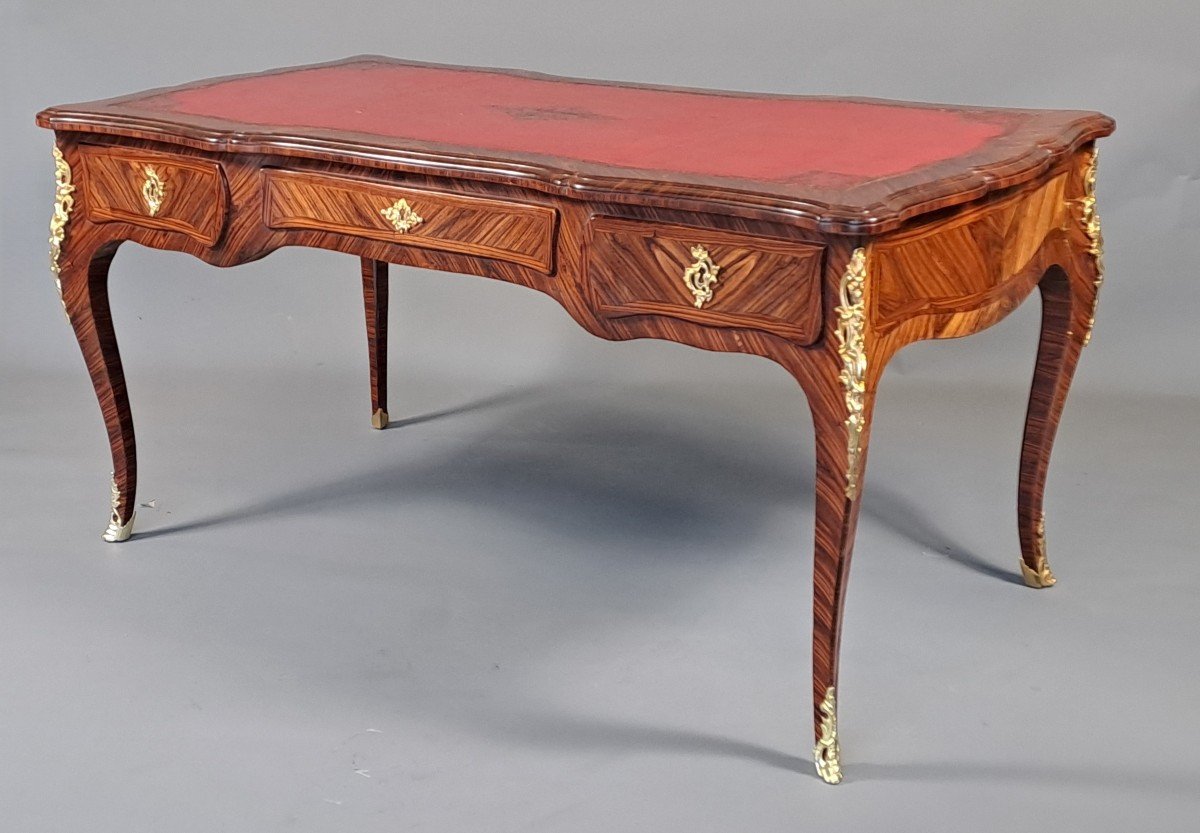 Bureau Plat Louis XV En Marquèterie De Bois De Violette Et Bronze Doré-photo-8