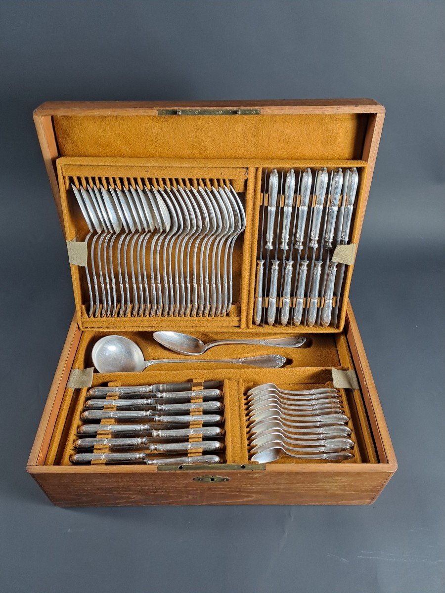 Louis XVI Style Silver Plated Metal Cutlery Set - 62 Pieces-photo-4