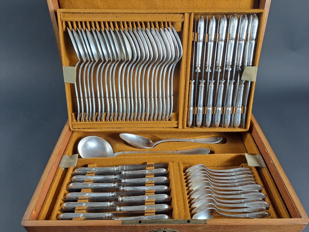 Louis XVI Style Silver Plated Metal Cutlery Set - 62 Pieces-photo-1