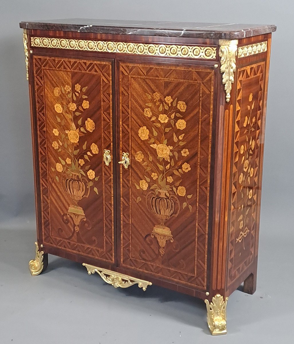 Napoleon III Cabinet In Floral Marquetry And Gilt Bronze-photo-3