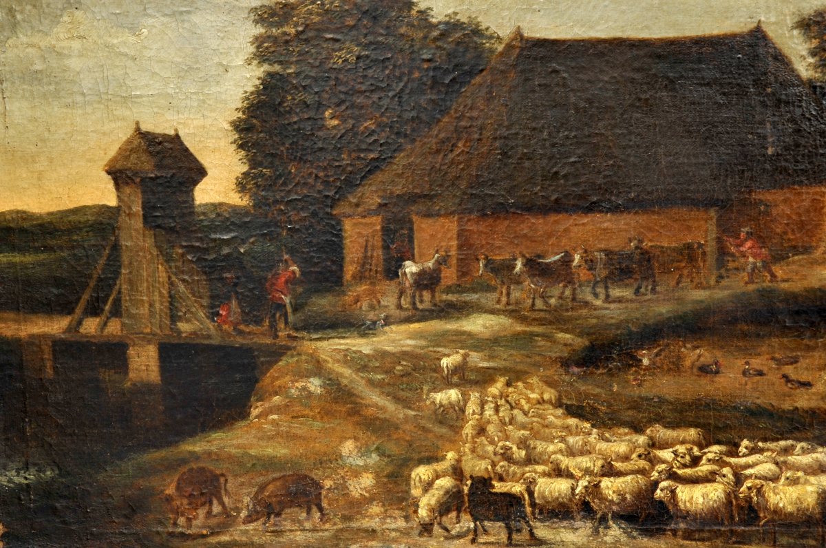 Huile Sur Toile Du XVIIIe Siècle – Scène De Village Animée -photo-1