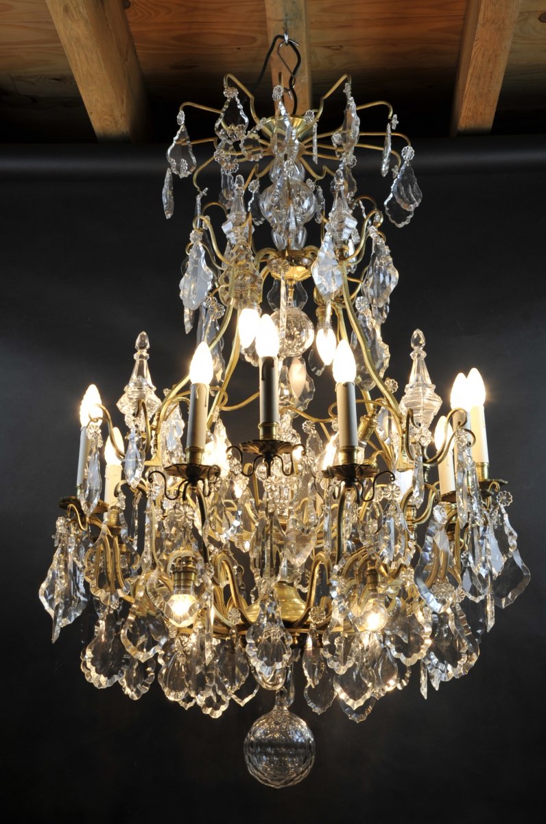 Large Cage Chandelier In Baccarat Crystal And Gilt Bronze - 22 Lights-photo-1