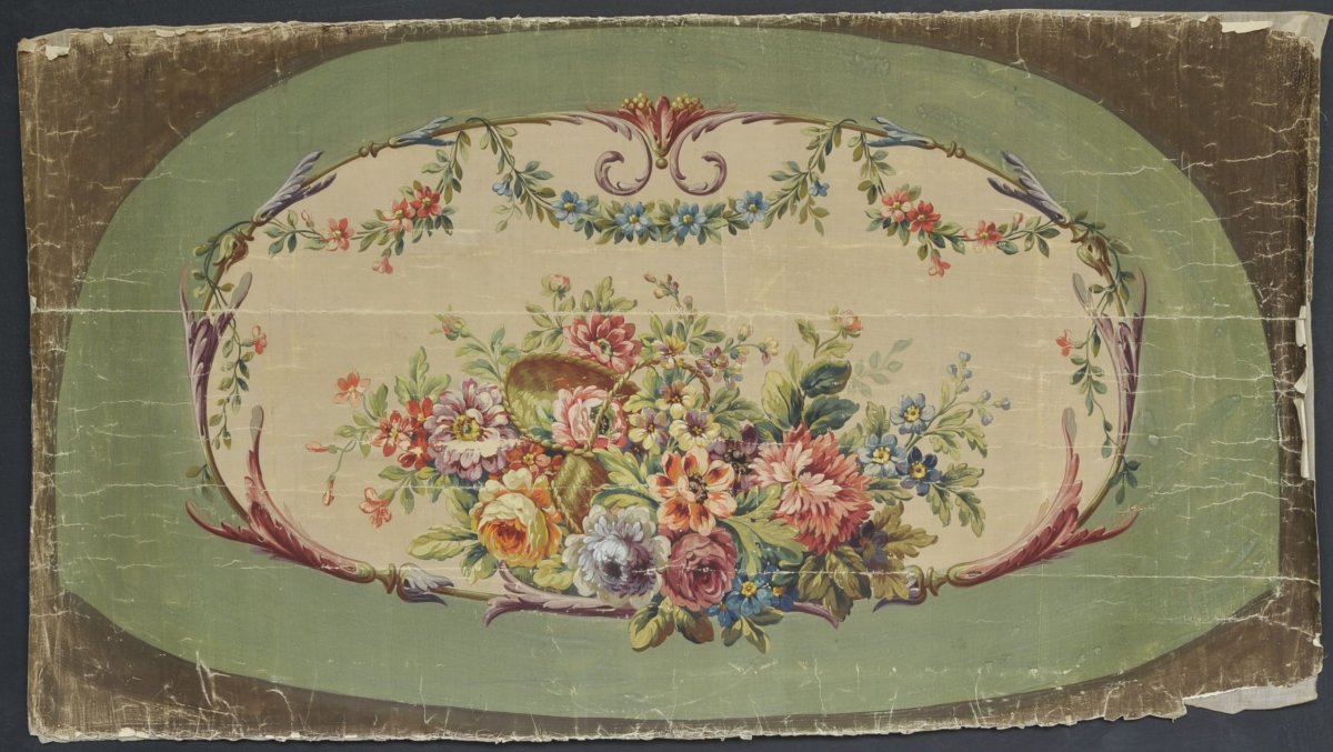 19th Century Aubusson Cardboard With Flower Basket Decor-photo-2