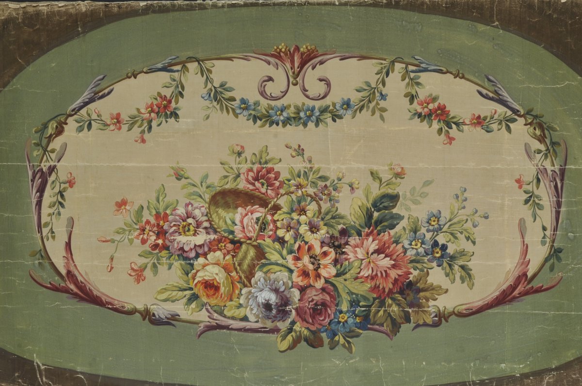 19th Century Aubusson Cardboard With Flower Basket Decor