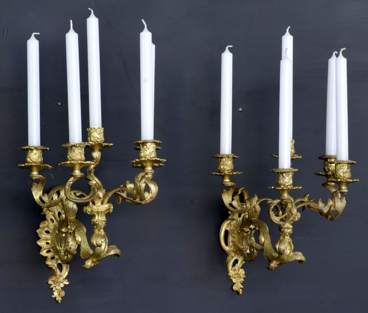 Pair Of Louis XV Style Wall Lights In Gilt Bronze