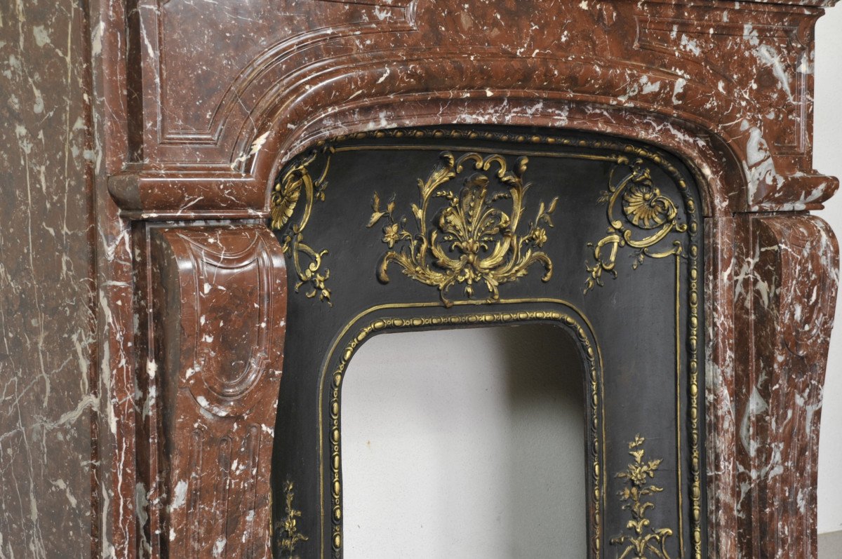 Important Louis XIV Style Fireplace In Royal Red Marble-photo-2