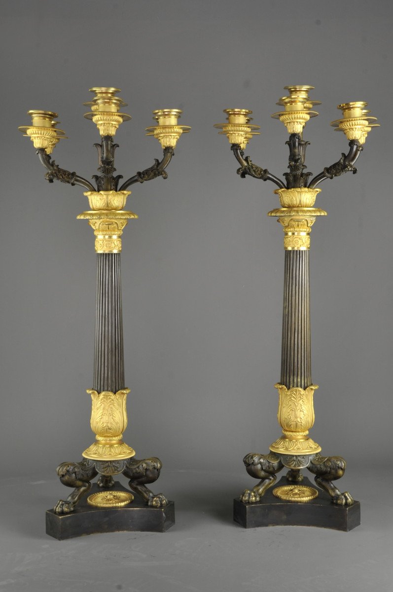 Important Pair Of Empire Candelabra In Gilt And Patinated Bronze-photo-1