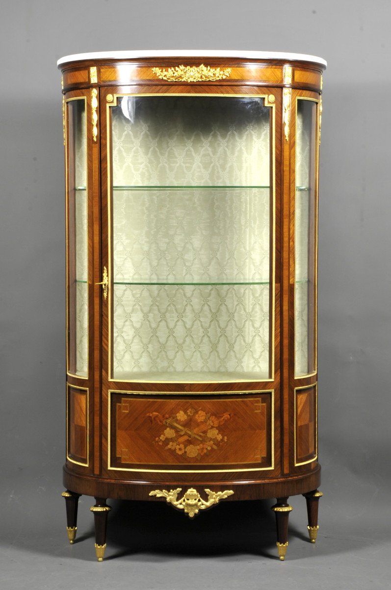 Large Louis XVI Half-moon Shaped  Showcase In Marquetry And Gilt Bronze