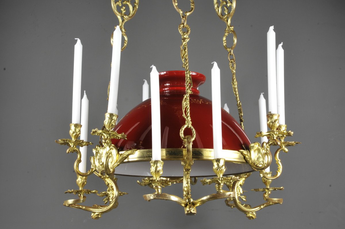 Large Rocaille Style Chandelier In Gilt Bronze With Red Opaline-photo-4