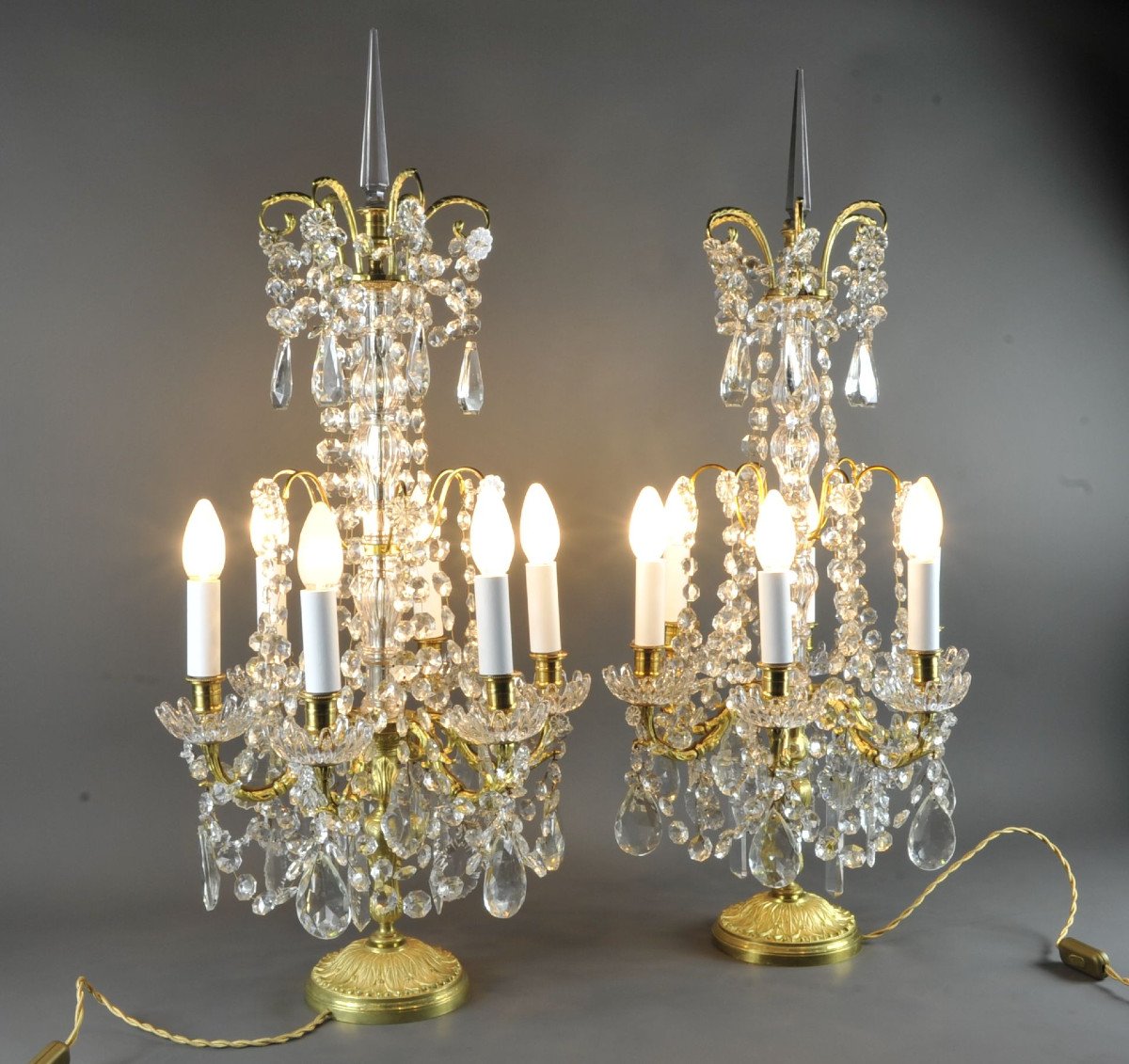 Pair Of Large Louis XVI Girandoles In Gilt Bronze And Crystal-photo-2