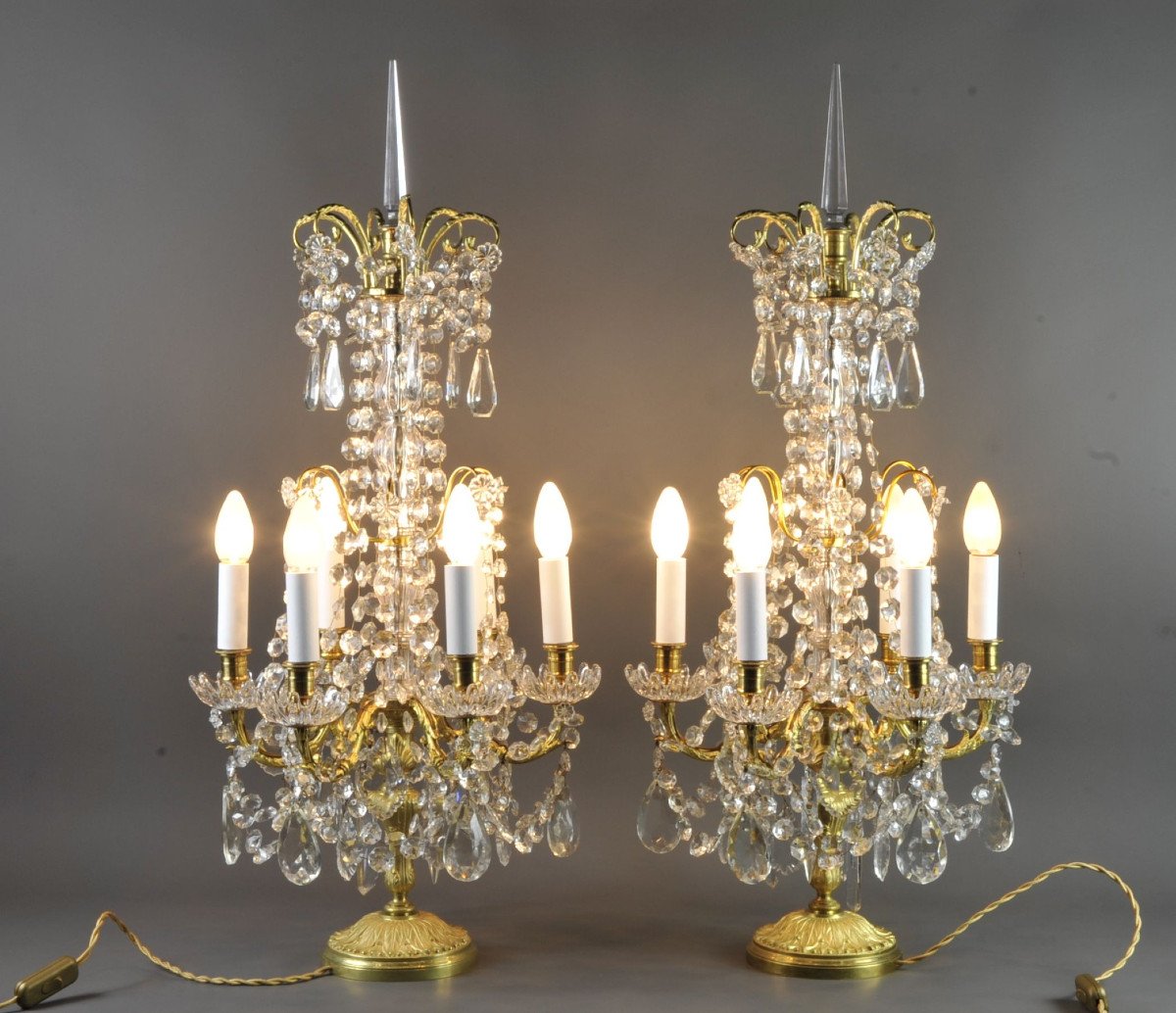 Pair Of Large Louis XVI Girandoles In Gilt Bronze And Crystal-photo-1