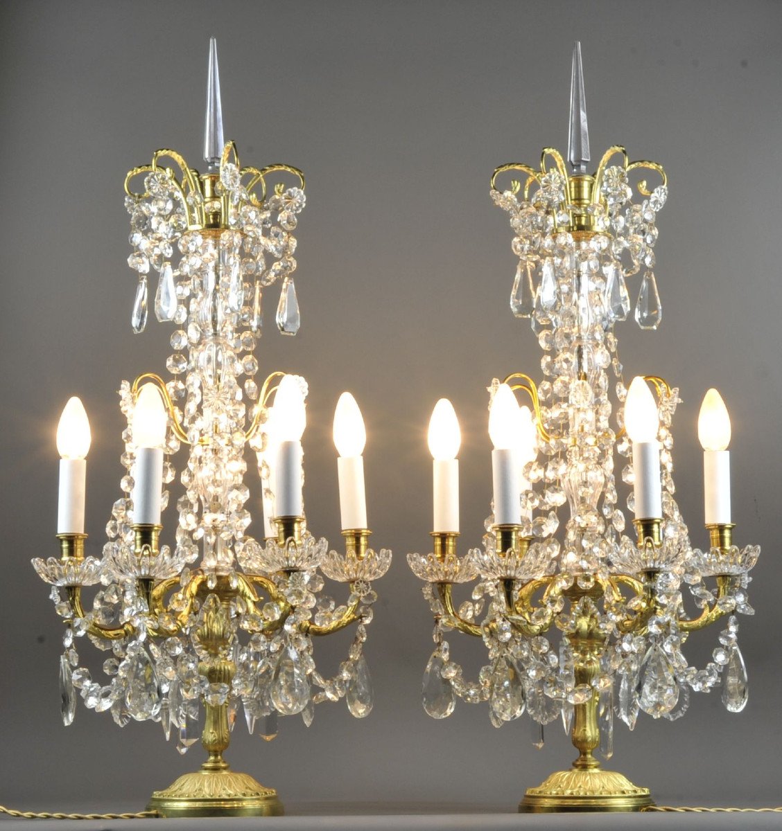 Pair Of Large Louis XVI Girandoles In Gilt Bronze And Crystal