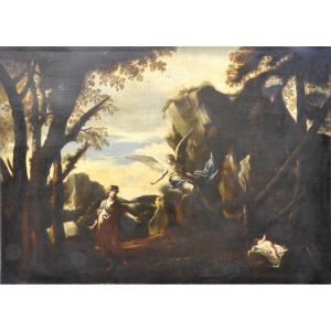 Agar secourue par un ange – Très Grande Huile Sur Toile Du 18ième Siècle (207cm X 150cm)