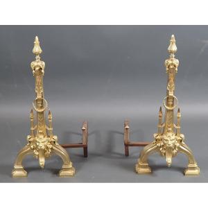 Pair Of Neo-renaissance Andirons In Gilt Bronze