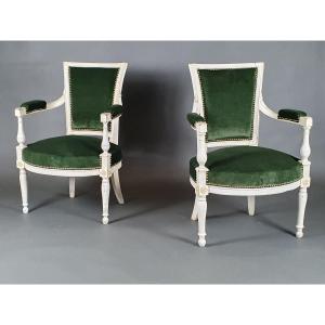Pair Of Directoire Armchairs In White Lacquered Wood