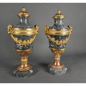 Pair Of Louis XVI Style Cassolettes In Sea Green Marble And Gilt Bronze