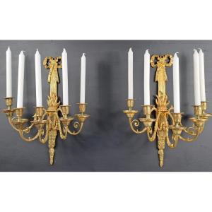 Pair Of Louis XVI Style Wall Lamps In Gilt Bronze