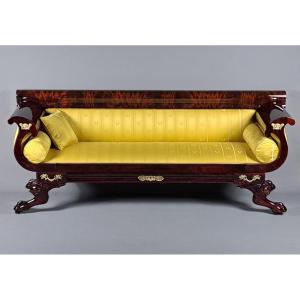 Large Biedermeier Sofa / Banquette In Burl Mahogany