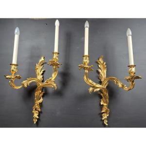 Pair Of Large Rocaille Wall Lights In Gilt Bronze