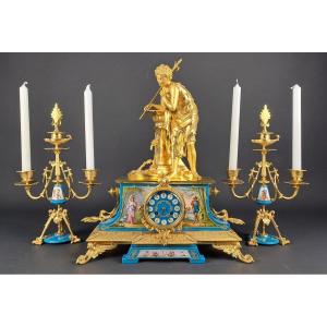 Fireplace Set Signed Le Roy In Gilt Bronze And Sèvres Porcelain