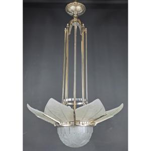 Large Art Deco Chandelier Signed Hettier & Vincent In Nickel-plated Bronze And Molded Glass