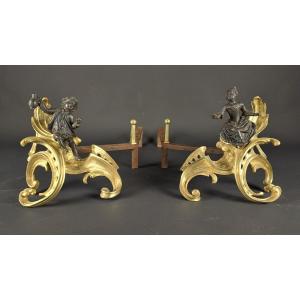 Pair Of Louis XV Andirons In Gilded Bronze With Black Patina