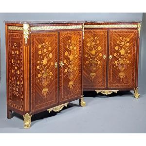 Rare Pair Of Napoleon III Cabinets In Floral Marquetry And Gilt Bronze