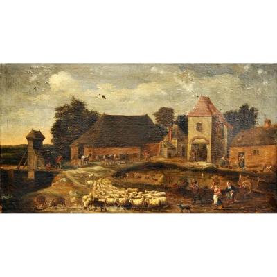 Huile Sur Toile Du XVIIIe Siècle – Scène De Village Animée 