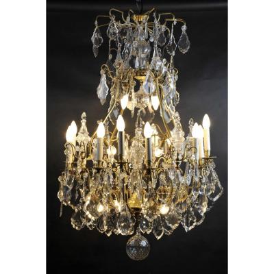 Large Cage Chandelier In Baccarat Crystal And Gilt Bronze - 22 Lights