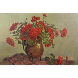 Daniel Bidon - Oil On Canvas - The Geraniums