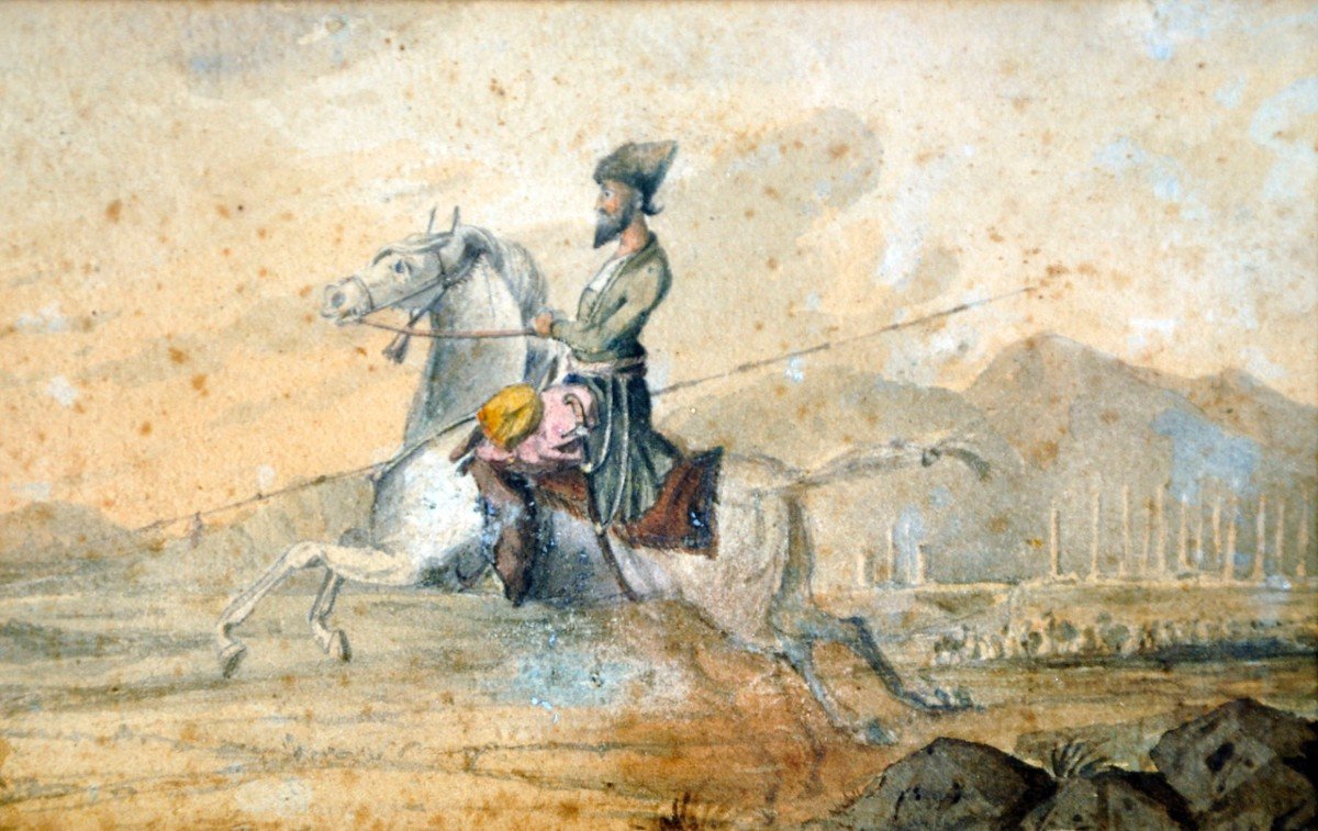 Scènes équestres Orientalistes Paire D’aquarelles-photo-3